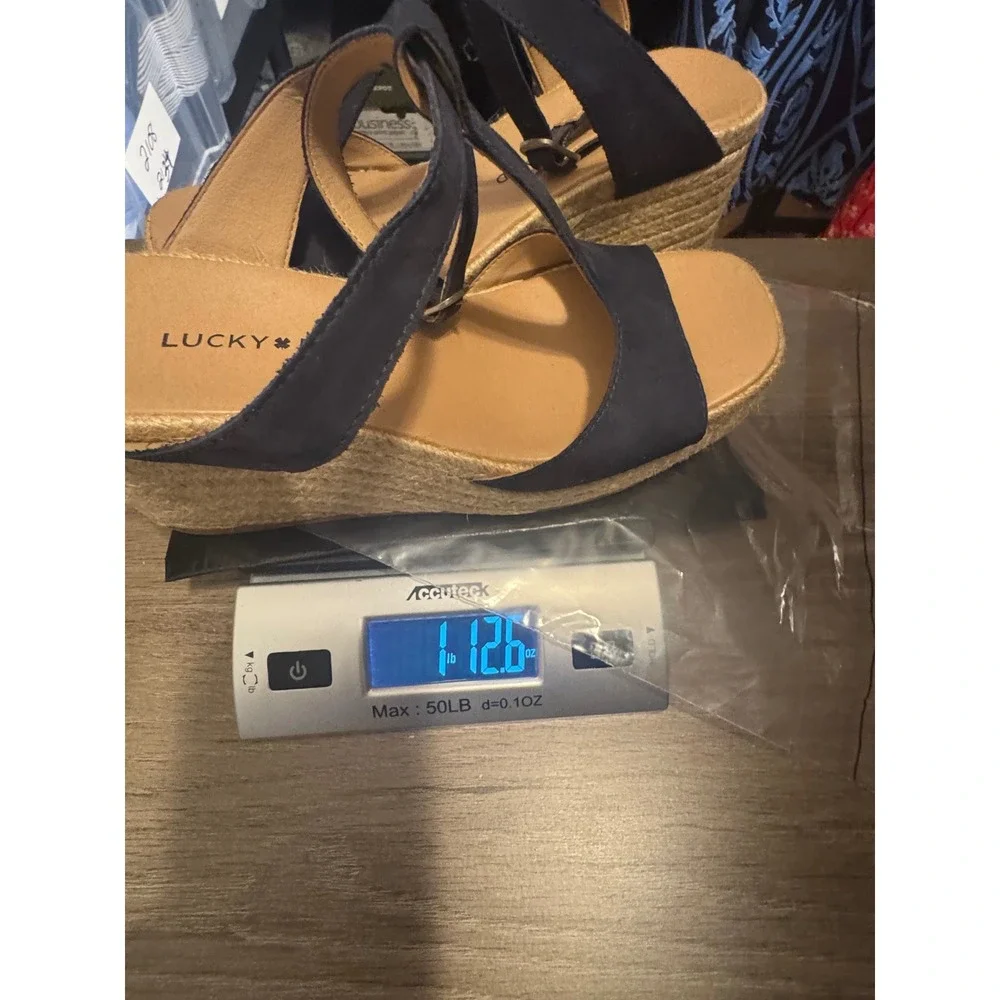 Lucky Brand Valki Navy Blue Leather T-Strap Espadrille Wedge Sandals 6.5M